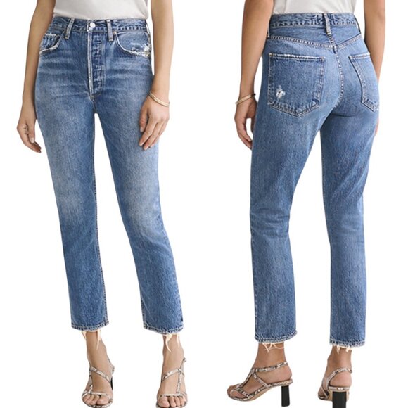 Agolde Riley High Rise Straight Leg Crop Jeans Size 27 In Frequency Distressed - Picture 1 of 13